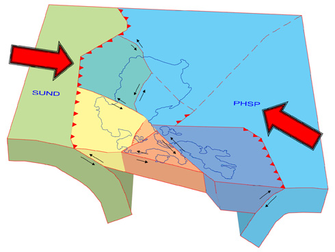 This figure shows a tectonic model of the northern Philippine island arc, based on seismicity, earthquake focal mechanisms, GPS measurements, and satellite imagery