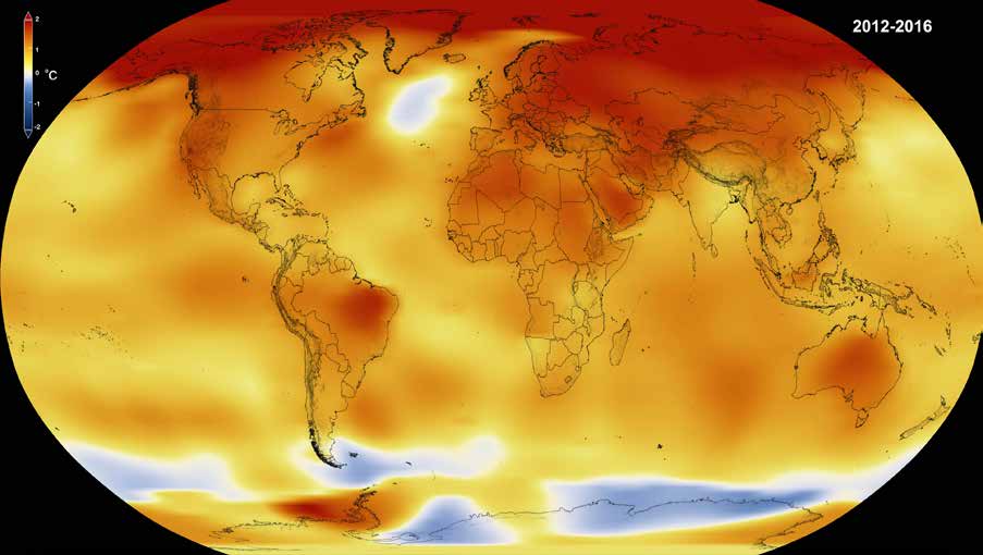 Map of the earth illustrating global warming temperatures